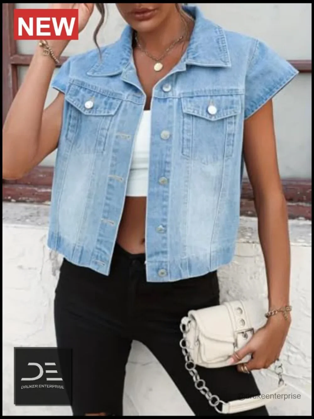 Vintage Denim Vest Button Down Short Sleeve Jean Waistcoat Jacket